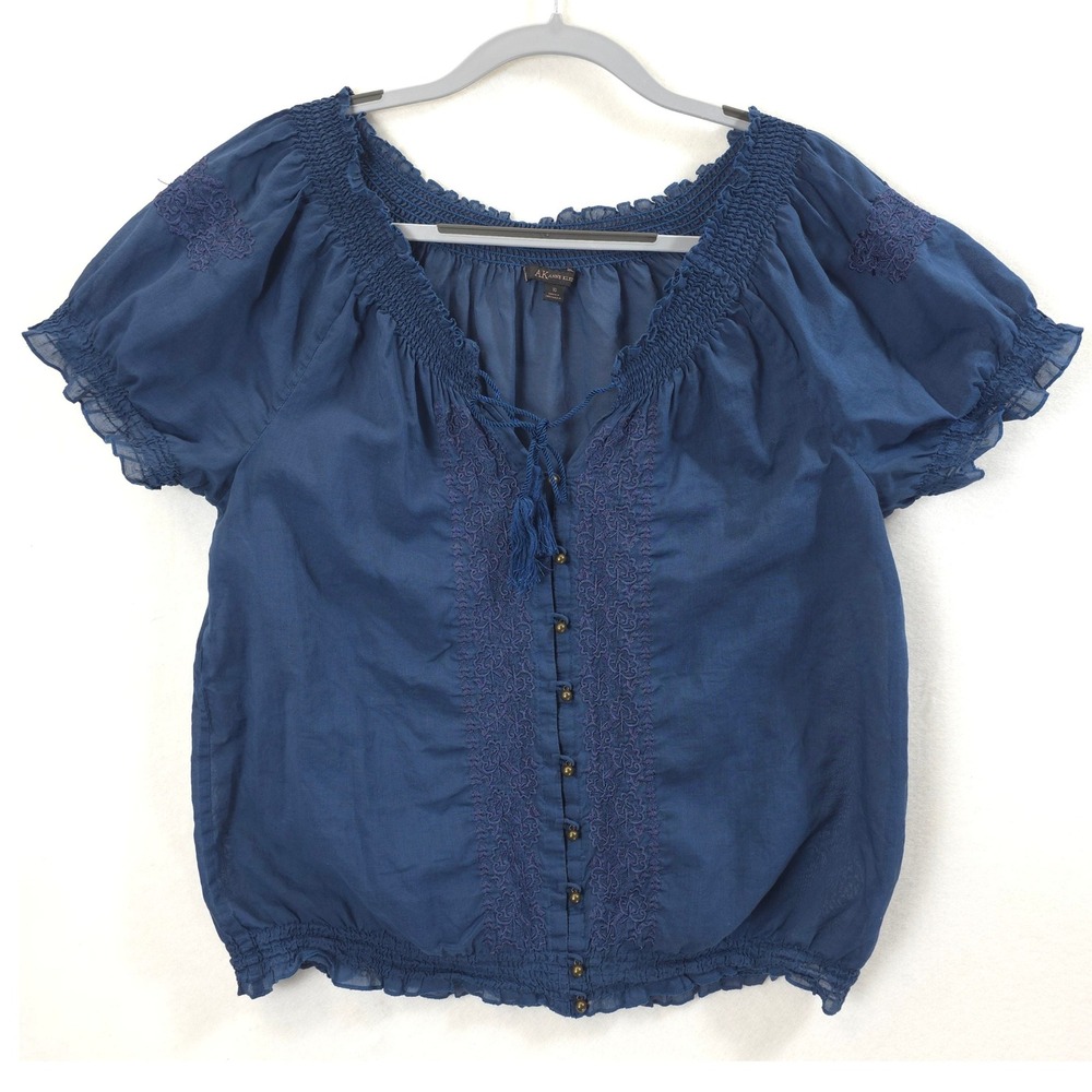 Anne Klein Button Blouse Embroidered Smocked Tassel Blue Women 10 Boho Peasant